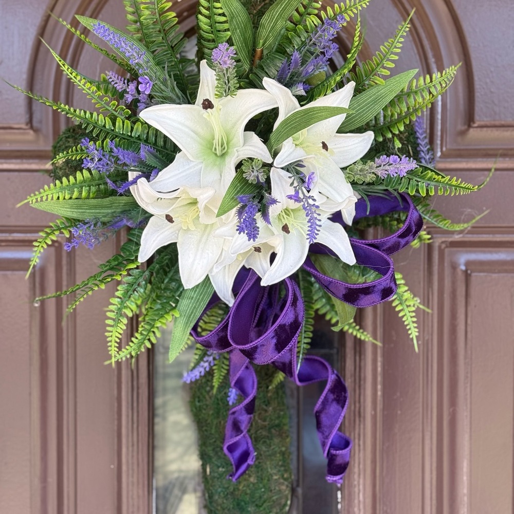 Elegant White and Purple Floral Door Wreath
